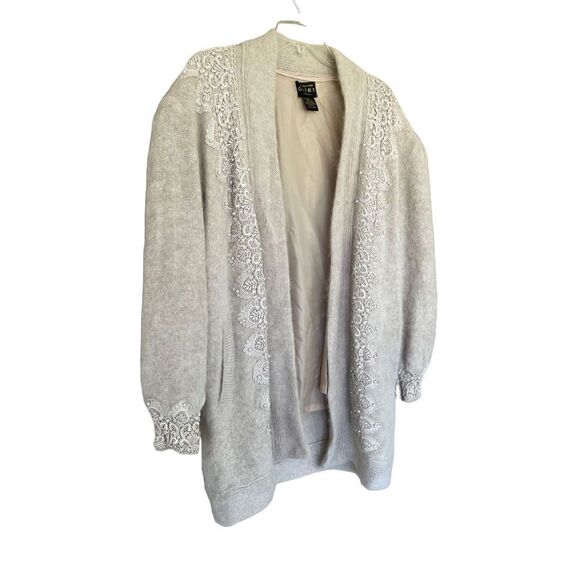 Vintage Gizel Sweater Coat White Beaded Angora Rabbit Hair Cardigan L/XL New - Picture 2 of 13